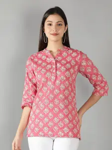 Cot'N Soft Women Pink Kantha Floral Printed Kantha Work Pure Cotton Kurti