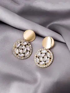 Yellow Chimes Gold-Plated & White Circular Crystal Studded Drop Earrings