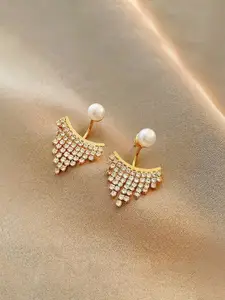Yellow Chimes Gold-Toned & White Pearl Stud Back Drop Crystal Studded Drop Earrings
