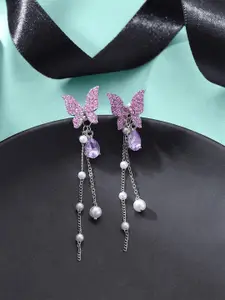 Yellow Chimes Silver Tone Purple Crystal Butterfly Lever Back Drop Earrings