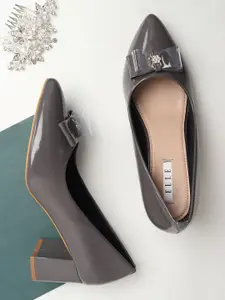 ELLE Grey Block Heel Solid Pumps with Bow