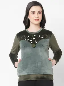 SDL by Sweet Dreams Women Green & Grey Self Design Applique Fleece Sweatshirt