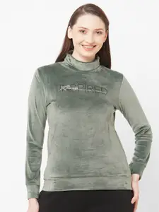 SDL by Sweet Dreams Women Sea Green Typography Embroidered Fleece Sweatshirt