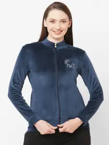 SDL by Sweet Dreams Women Navy Blue Solid Fleece Sweatshirt with Embroidered Detail