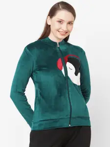 SDL by Sweet Dreams Women Teal Green Self Design Fleece Sweatshirt with Applique Detail
