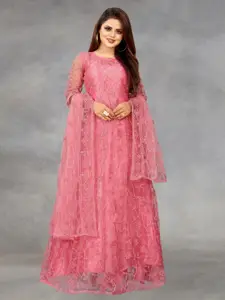 APNISHA Women Peach-Coloured Embroidered Net Ethnic Maxi Dress With Dupatta