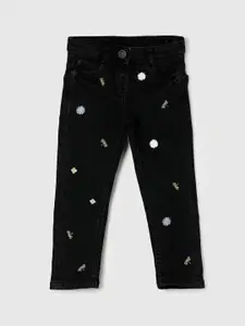 max Girls Black Printed Regular Fit Cotton Jeans