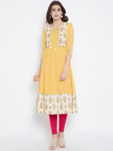 Be Indi Women Yellow & Off White Floral Printed Cotton Kurta
