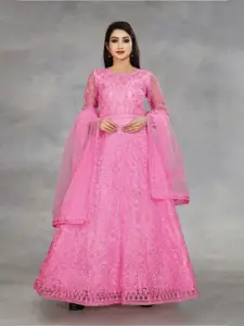 APNISHA Pink Floral Embroidered Net Maxi Maxi Dress With Dupatta