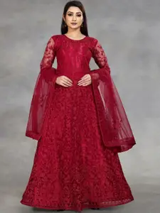 APNISHA Women Maroon Net Floral Embroidered Semi-Stitched Gown