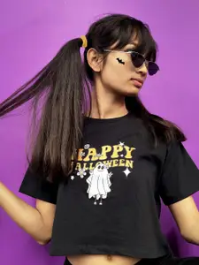 YK Teen Girls Black Halloween Typography Printed Boxy Crop Pure Cotton T-shirt