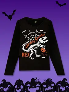 YK Boys Black Halloween Dinosaur Graphic Printed T-shirt