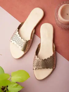 Vishudh Women Rose Gold Textured Ethnic Open Toe Flats