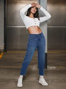 Flying Machine Women Blue High-Rise Light Fade Stretchable Cotton Straight Fit Jeans