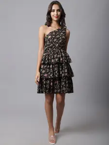 MARC LOUIS Black & Pink Floral One Shoulder Layered Cotton Dress