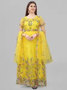 APNISHA Women Yellow Floral Embroidered Net Ethnic Maxi Dress