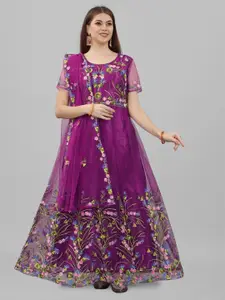 APNISHA Purple Floral Embroidered Net Ethnic Maxi Semi-Stitched Gown with Dupatta