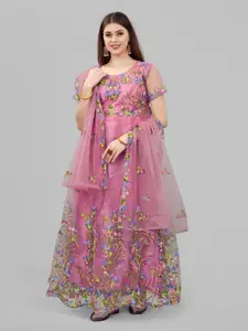 APNISHA Peach-Coloured Floral Embroidered Net Ethnic Maxi Dress With Dupatta