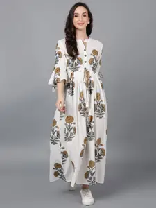 AHIKA Women Off White & Brown Floral Cotton Maxi Dress