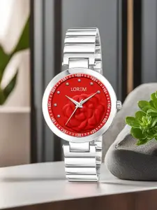 LOREM Women Red Printed Dial & Silver Toned Bracelet Style Straps Analogue Watch LR317