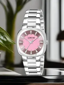 LOREM Women Pink Embellished Dial & Silver Toned Stainless Steel Straps Analogue Watch