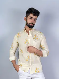 Tistabene Men White Floral Printed Cotton Casual Shirt