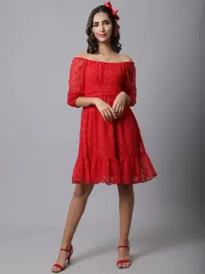 MARC LOUIS Women Red Self Design Off-Shoulder A-Line Dress