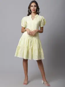 MARC LOUIS Women Yellow Self Design Cotton A-Line Dress