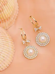 SOHI Gold-Plated & White Pearls Contemporary Half Hoop Earrings