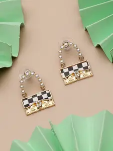 SOHI Gold-Toned & Black Contemporary Drop Earrings