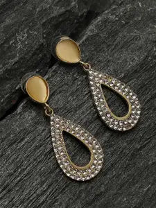 SOHI Gold-Toned & White Contemporary Drop Earrings