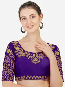 PUJIA MILLS Women Purple Embroidered Silk Saree Blouse