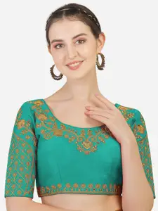 PUJIA MILLS Teal-Green Embroidered Saree Blouse