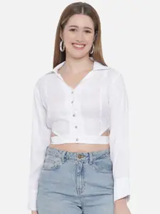 Indietoga Women White Monochrome Shirt Style Crop Top