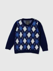 max Boys Navy Blue & Blue Checked Pure Acrylic Pullover