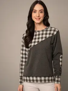Yaadleen Women Grey Checked Sweatshirt