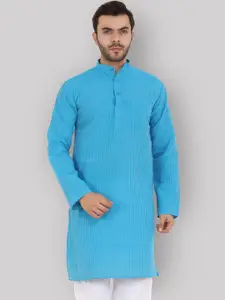 Latest Chikan Garments Men Turquoise Blue Striped Straight Kurta