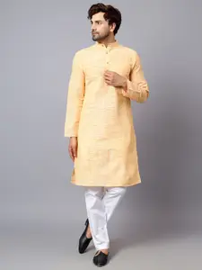 Latest Chikan Garments Men Yellow & Orange Striped Straight Kurta