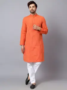 Latest Chikan Garments Men Orange Solid Straight Kurta