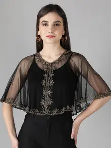 DEBONATELLA Women Black & Gold Embellished Tie-Up Short  Shrug