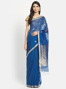 Fabindia Blue & Gold-Toned Woven Design Zari Silk Cotton Chanderi Saree