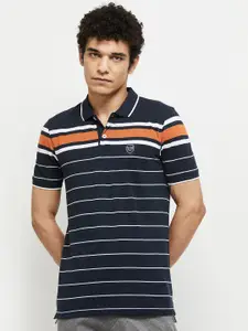 max Men Blue & Orange Striped Polo Collar Cotton T-shirt