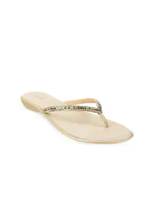 Mochi Women Gold-Toned Embellished Open Toe Flats