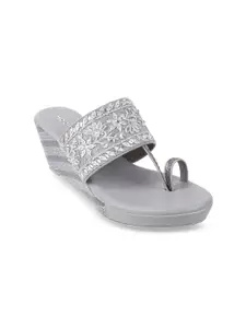 Mochi Grey & Silver-Toned Embellished Ethnic Wedge Heels