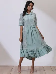 Lakshita Women Sea Green Self Design A-Line Midi Ethnic Dress