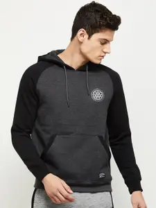 max Men Grey & Black Hooded Cotton Sweatshirt