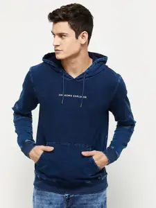 max Men Blue Printed Hooded Cotton Sweatshirt