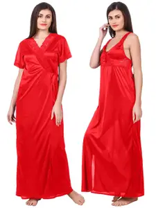 Fasense Women Set Of 2 Red Solid Satin Wrap Maxi Nightdress