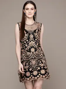 Label Ritu Kumar Black Floral Net A-Line Dress