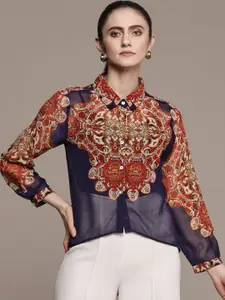 Label Ritu Kumar Women Blue Semi Sheer Printed Casual Shirt